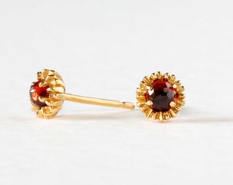 Dahlia Bud Garnet Earrings – Silver/Gold - dahlia earrings, flower earrings, flower studs, january birthstone, red earrings, floral studs