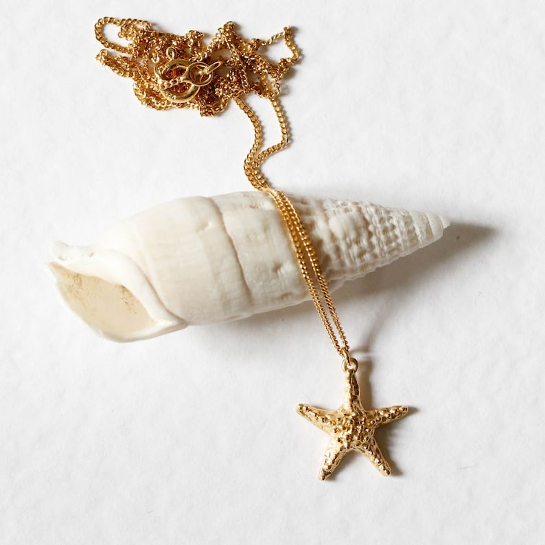 Pode incluir: Um colar de corrente dourada com um pingente de estrela do mar dourada. O colar est&aacute; sobre uma concha branca.