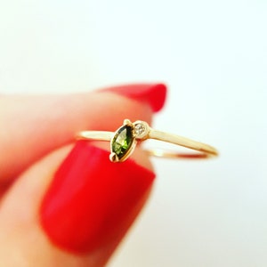 Green Tourmaline and Diamond Ring - tourmaline ring, gold stacking ring, delicate ring, dainty ring, green ring, stacking ring, tiny ring