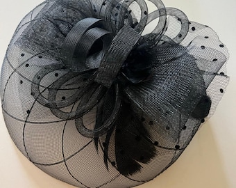 Black fascinator, clip on derby hat, mesh and lace w feather