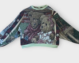 Teddy bear tapestry crewneck sweatshirt, upcycled from blanket Sz Med