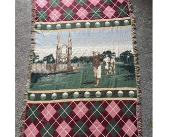 Vintage golf tapestry blanket w fringe, argyle and european course READ