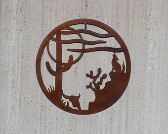 Southwestern Metal Art – Coyote, Moon & Cactus Wall Decor