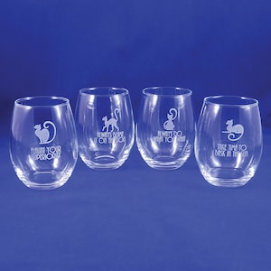 Cat Wisdom Wine Glass Set, Kitty Wine, Stemless Wine Glasses, Feline, Cat Wisdom Stemless Wine, Etched Stemless Wine, Pet Gift, Pet Parent