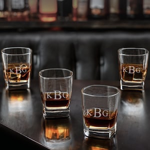 Personalized Square Bottomed Rocks Glasses, Set of 4, Monogrammed Barware, Bourbon, Whiskey