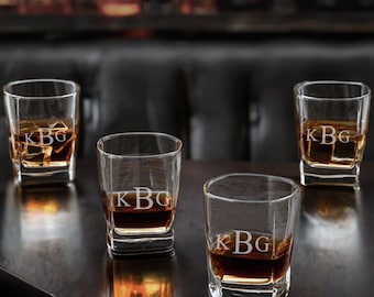 Personalized Square Bottomed Rocks Glasses, Set of 4, Monogrammed Barware, Bourbon, Whiskey