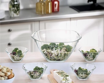 5-pce Handled Salad Bowl Set, Monogrammed Salad Bowl Set, Custom Dinnerware, Bespoke Kitchenware, Crystal Bowls