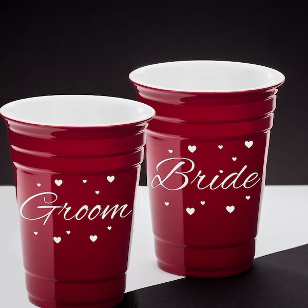 Pair of Personalized Red Uno Cup, Wedding Party Custom Uno Cup, Engraved Cup, Ceramic Uno Cup, Wedding Gift, Beer Pong Glass (CS4328)
