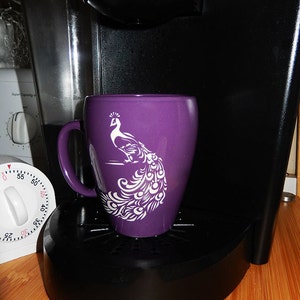 Personalized Plum Purple Peacock Coffee Mug, Etched Coffee Mug, Tea Mug, Peacock, Custom Mug, Purple Mug, Coffee, Latte, Ceramic (CS4145P)