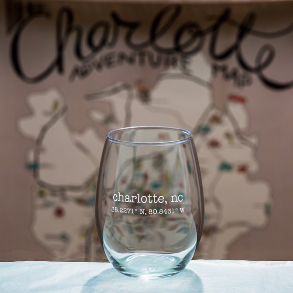 Co-Ordinate Personalized Stemless Glass, Engraved Wine Glass, Etched Stemless Wine Glass, 15oz