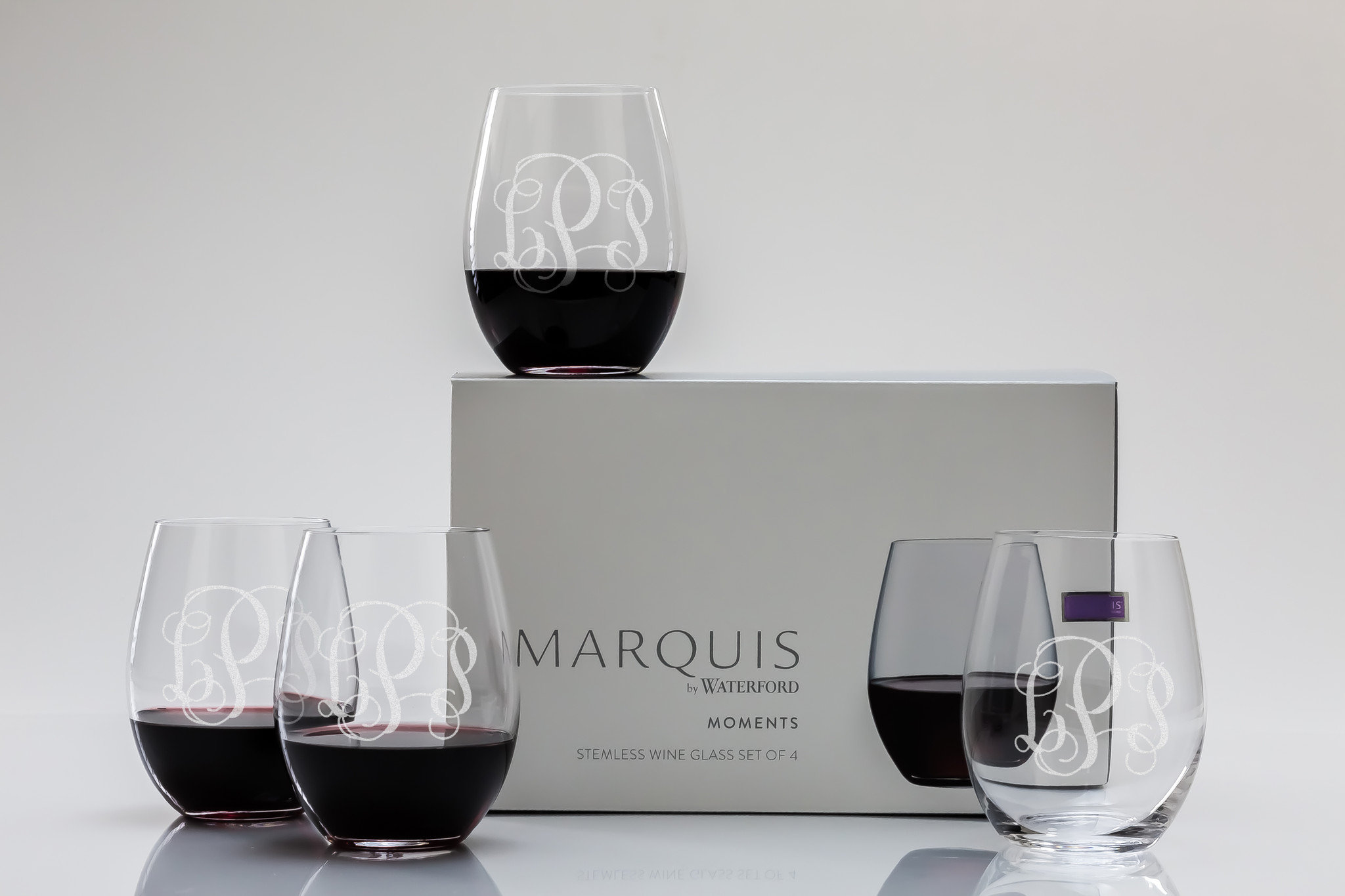 Personalized Marquis by Waterford Moments Stemless Wine Glasses, Set of 4,  Custom Waterford Crystal Stemless Glasses 