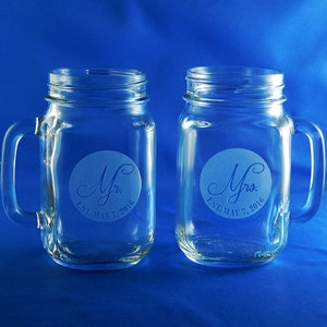 Personalized Mr and Mrs Mason Jar Mugs, Kissing Mugs, Etched Mugs, Wedding Mugs, Personalized His and Hers Mugs, Wedding Date Mugs (CS255)