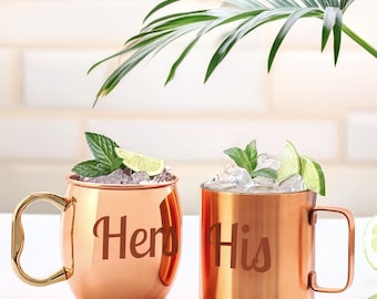 Personalized His & Hers Copper Mug Set, Copper Handled Mugs, Seventh Anniversary Copper Mule, Engraved Copper Mugs, Copper Barware