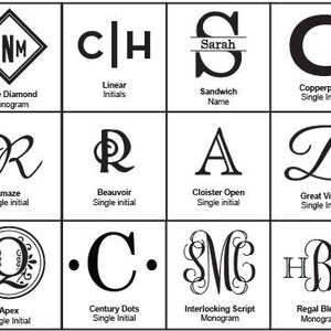 May include: A grid of twelve black and white monogram and initial designs. The designs include various fonts and styles, such as a diamond monogram, a sandwich name, and single initials like "R" and "C". Each design is labeled with its name and type.