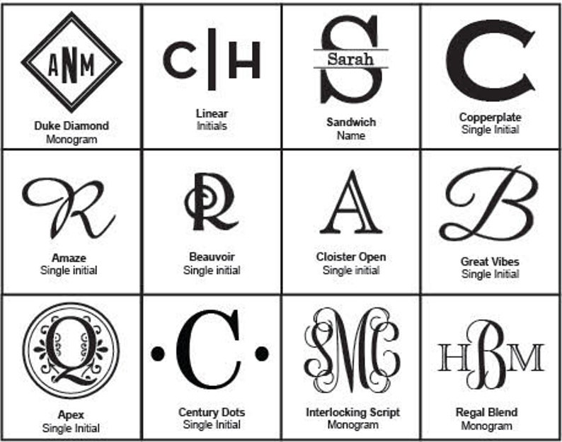 May include: A grid of twelve black and white monogram and initial designs. The designs include various fonts and styles, such as a diamond monogram, a sandwich name, and single initials like "R" and "C". Each design is labeled with its name and type.