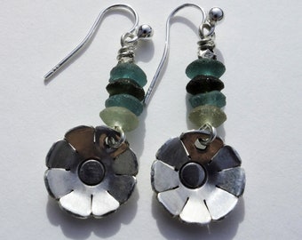 roman earrings, roman silver earrings, recycled glass earrings, roman glass and silver earringss, ancient earrings, flower earrings