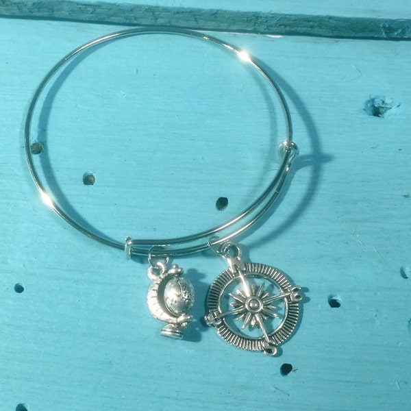 Globe and Compass Bangle Charm Bracelet, FREE Shipping!