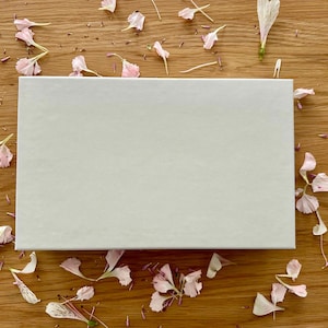 Op de afbeelding: Een rechthoekige, gebroken witte doos ligt op een houten oppervlak, omringd door verspreide roze en witte bloemblaadjes. De doos is de centrale focus, met de bloemblaadjes die een delicate, natuurlijke accent toevoegen.