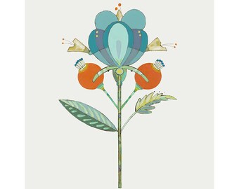 Graphic Floral No. 008 / Fine Art Giclèe Print  / Wackadoodle Series / Blue and Red 8"x10", 11"x14", and 16"x20" by Deana Fulton