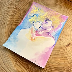 Dipinto originale su cartoncino, acquerelli e polvere oro. Ópera de arte romântica dourada e colorida. "Seguro".