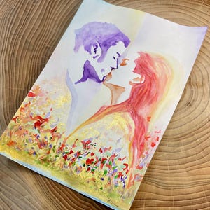 Dipinto originale su cartoncino, opera d'arte romantica oro e colore, acquerello e polvere oro. "Beijo florescente".