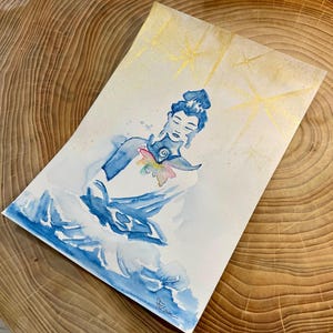 Dipinto originale su cartoncino. Meditação, conexão sagrada, arte mística, presente espiritual. "Conexão Ouro e Azul"