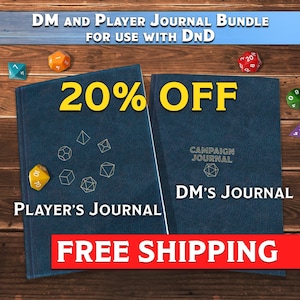 May include: Two blue journals with gold lettering and dice imagery. The journal on the left says "Player's Journal" and the journal on the right says "DM's Journal". The text "20% OFF" and "FREE SHIPPING" is displayed in yellow and red letters.