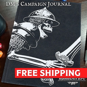 May include: Black leather-bound journal with a white illustration of a skeleton wearing a helmet and holding a sword. The journal has the text "DM's Campaign Journal" printed on the front cover. The text "FREE SHIPPING" is printed on a red banner across the bottom of the image.
