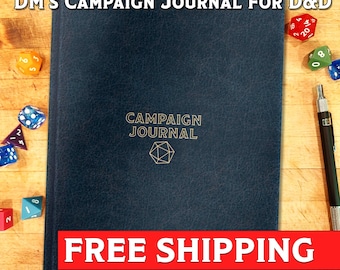 May include: A blue leather-bound journal with the text "DM's Campaign Journal for D&D" and "Campaign Journal" in gold lettering. The journal has a gold-colored 20-sided die symbol on the front cover. The text "FREE SHIPPING" is printed in red at the bottom of the image.