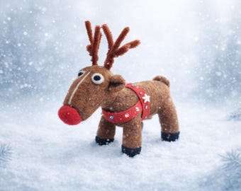 Red Nosed Reindeer, Xmas Collectible, Handmade Figure, Christmas Decor