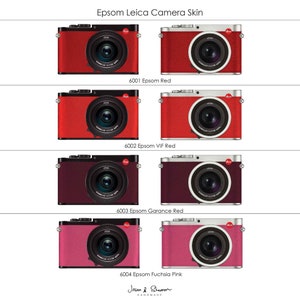 Puede incluir: Cuatro pieles de cámara de diferentes colores para una cámara Leica. Las pieles son rojas, rojas con un ligero tono naranja, burdeos y rosas. Las pieles están etiquetadas con los números 6001, 6002, 6003 y 6004. El texto "Epsom Leica Camera Skin" está en la parte superior de la imagen.