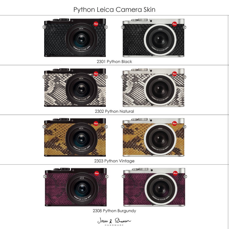 May include: A collection of Leica cameras with Python skin designs. The available colors include black, natural, vintage, and burgundy. Each camera has a black lens and a red Leica logo. The text "Python Leica Camera Skin" is at the top.