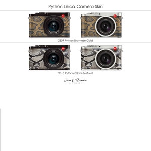 May include: Four Leica cameras with python skin designs. Two cameras feature a brown and tan pattern, labeled "2309 Python Burmese Gold." The other two have a gray and white pattern, labeled "2310 Python Glaze Natural." The text "Python Leica Camera Skin" and "Jason & Sheron HANDMADE" are also visible.