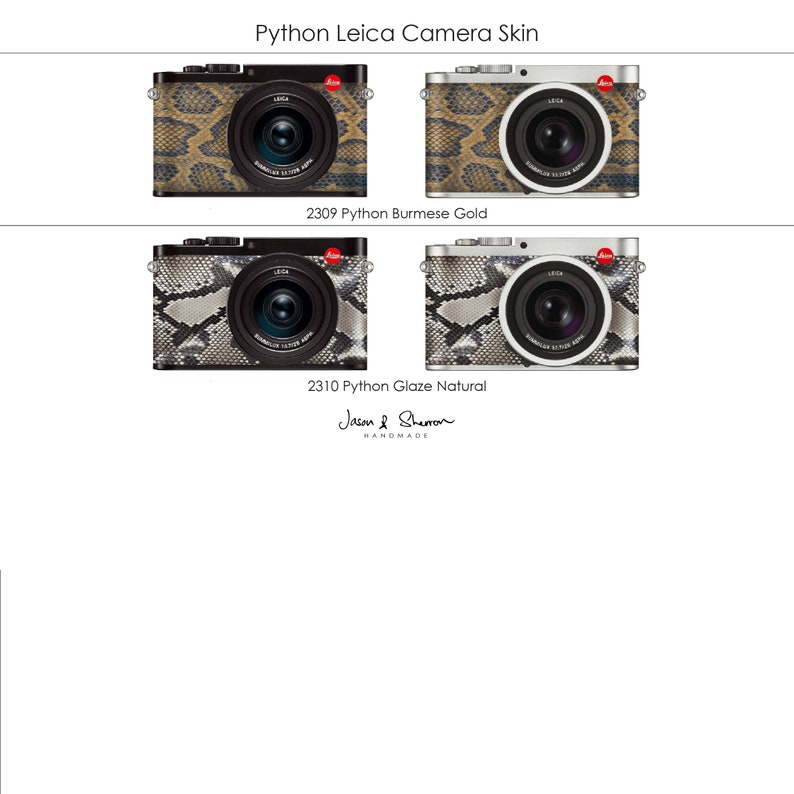 May include: Four Leica cameras with python skin designs. Two cameras feature a brown and tan pattern, labeled "2309 Python Burmese Gold." The other two have a gray and white pattern, labeled "2310 Python Glaze Natural." The text "Python Leica Camera Skin" and "Jason & Sheron HANDMADE" are also visible.