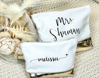 CUSTOM MAKEUP BAG, Personalized Pouch, Customizable Print Metallic Bottom, Bridesmaid gift, event gift