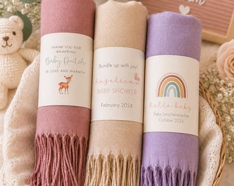 Pashmina Baby Shower Favors: Soft Vegan Viscose Scarves, Custom Tags