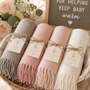 Pashmina Baby Shower Favors: Soft Vegan Viscose Scarves, Custom Tags