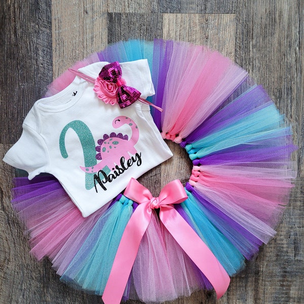 Custom Dinosaur First Birthday Tutu Outfit Pink Dinosaur Tutu Bodysuit 1st Birthday Outfit Toddler 2nd Birthday Girl Cake Smash Dinosaur