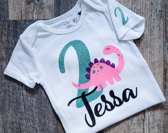 Personalized Girl Dinosaur Birthday Bodysuit Shirt, Girl First Birthday Shirt, Girl Second Birthday, Girl Third Birthday, Baby Shower Gift