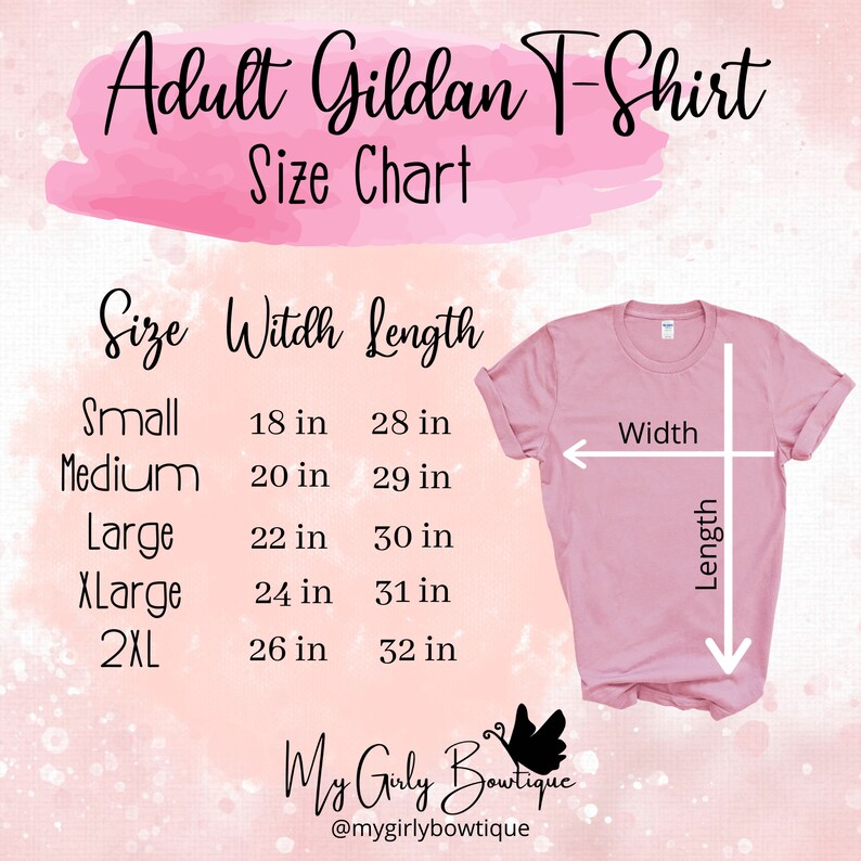 Peut inclure: Un tableau des tailles pour les t-shirts Gildan pour adultes. Le tableau indique les mesures de largeur et de longueur en pouces pour les tailles S, M, L, XL et 2XL.
