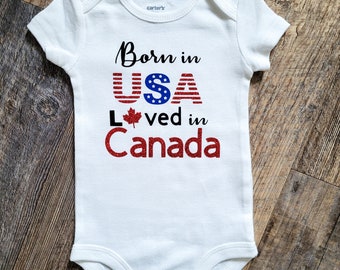Born in USA Loved in Canada Bodysuit Canadian Gift Maple Leaf for