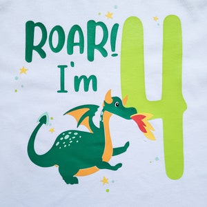 May include: White t-shirt with a green dragon and the text "Roar! I'm 4" in green letters. The number 4 is green and yellow.