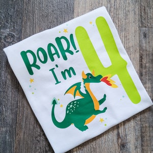 May include: White t-shirt with a green dragon, yellow flames, and the text "Roar! I'm 4" in green and yellow.