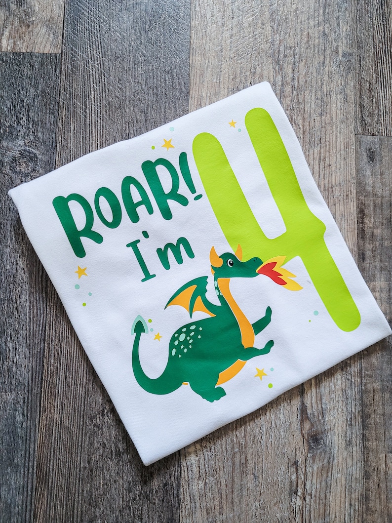 May include: White t-shirt with a green dragon, yellow flames, and the text "Roar! I'm 4" in green and yellow.