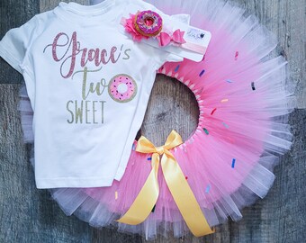 Two Sweet 2nd Birthday Girl Donut Tutu Outfit Two Sweet Shirt Donut Theme Second Birtrhday Tutu Donut Headband Light Pink Girl Birthday Tutu