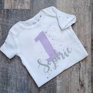 Custom First Birthday Stars One Outfit Sparkly Silver Stars Baby Girl Star Cake Smash for 1rst Birthday Shirt One Personalized Bodysuit