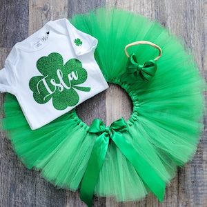Personalized St Patrick's Day First Birthday Tutu Shamrock Custom Name 1rst Birthday Outfit Sparkly Green 4 Leaf Clover Tutu 2nd Birthday