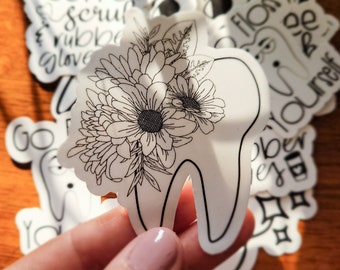 Floral Sticker, Tooth Stickers, Dental Life Stickers, Dental Hygienist Gift, Dental Sticker, Vinyl Stickers, Sticker for Water Bottle