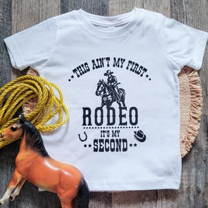 May include: White t-shirt with black text that reads "This ain't my first rodeo. It's my second."  A black silhouette of a cowboy riding a horse is above the text.