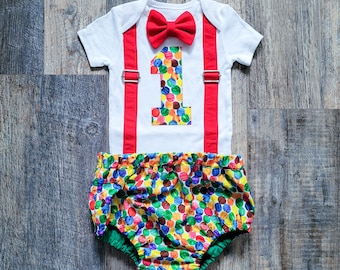 Boy Custom First Birthday Outfit for Cake Smash Photoshoot with Diaper Cover Outfit Boy 1st Birthday Suspenders and Bow Tie Set
